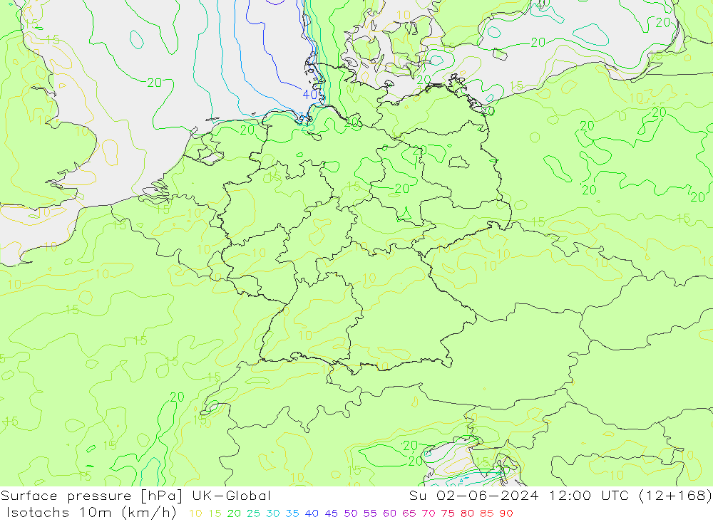 Isotachs (kph) UK-Global  02.06.2024 12 UTC