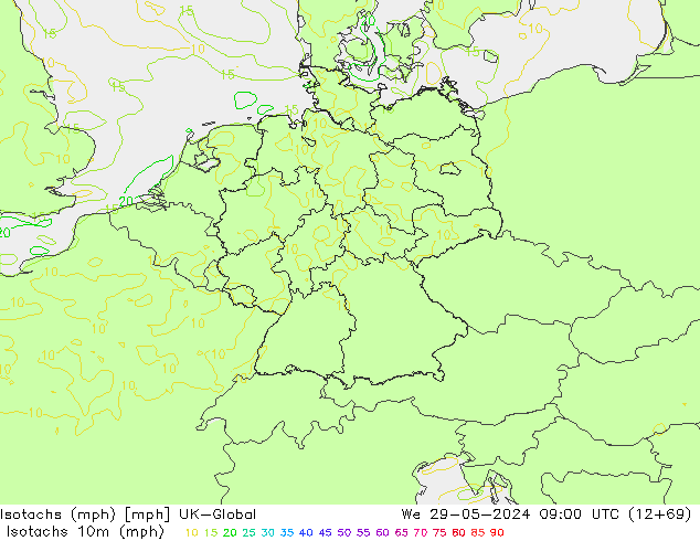 Isotachen (mph) UK-Global wo 29.05.2024 09 UTC