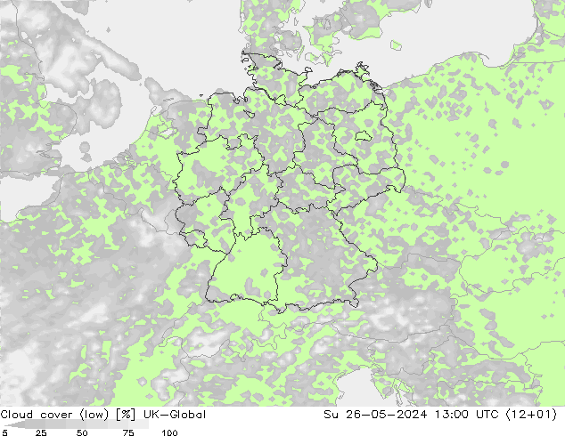 Bewolking (Laag) UK-Global zo 26.05.2024 13 UTC