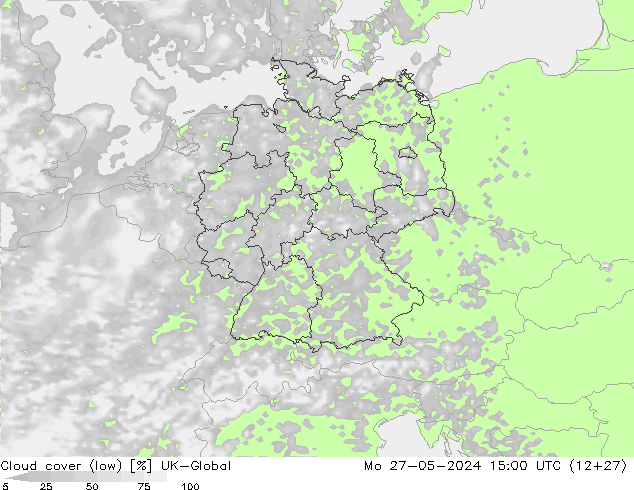 Cloud cover (low) UK-Global Mo 27.05.2024 15 UTC