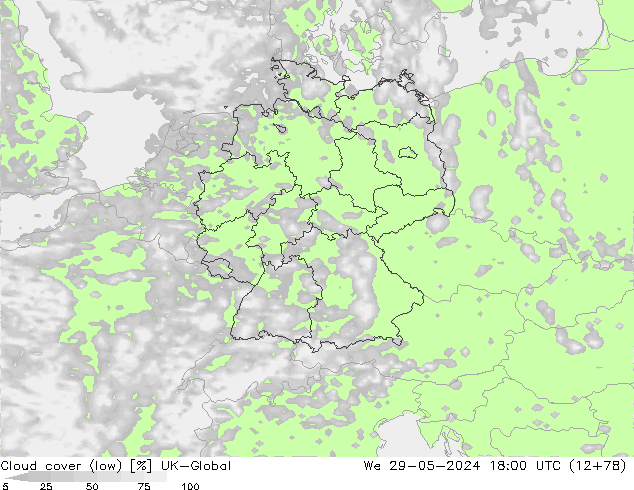 Bewolking (Laag) UK-Global wo 29.05.2024 18 UTC