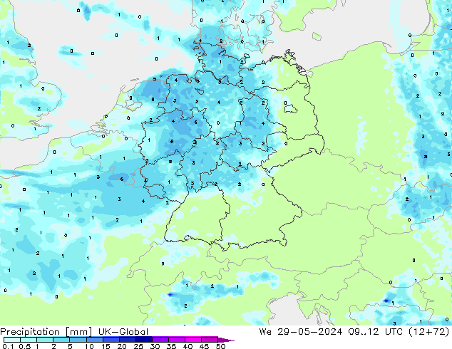 Précipitation UK-Global mer 29.05.2024 12 UTC