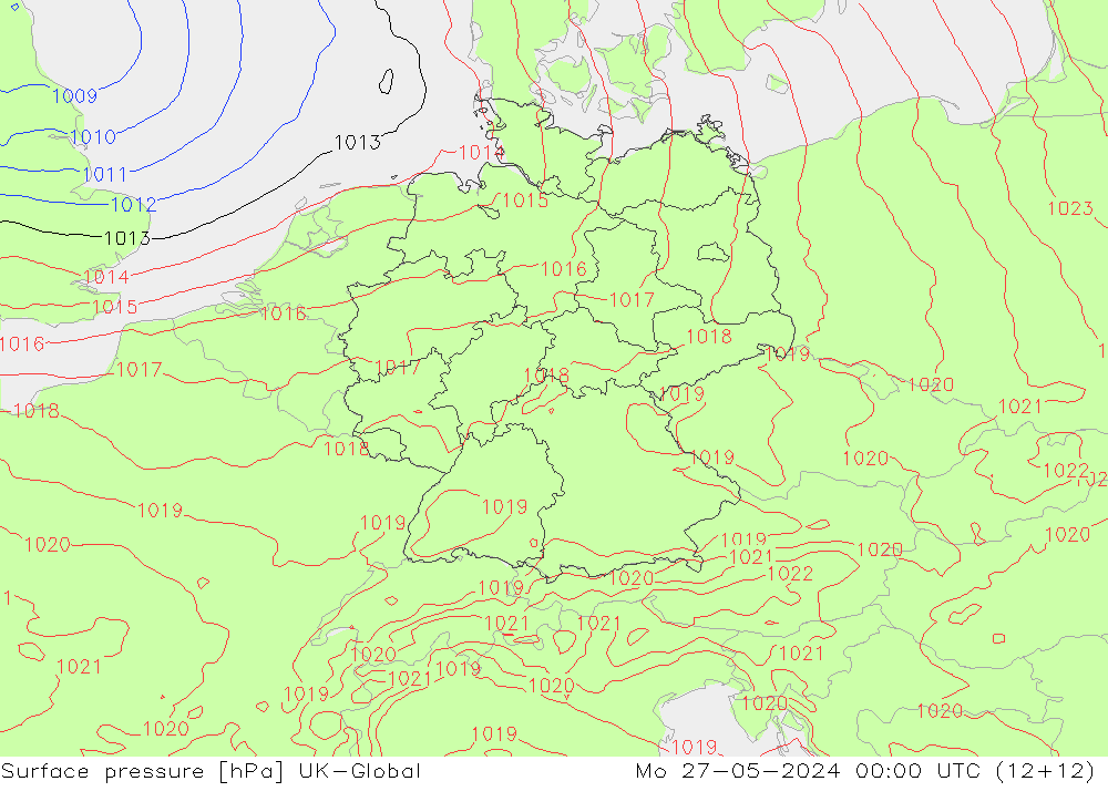 Surface pressure UK-Global Mo 27.05.2024 00 UTC