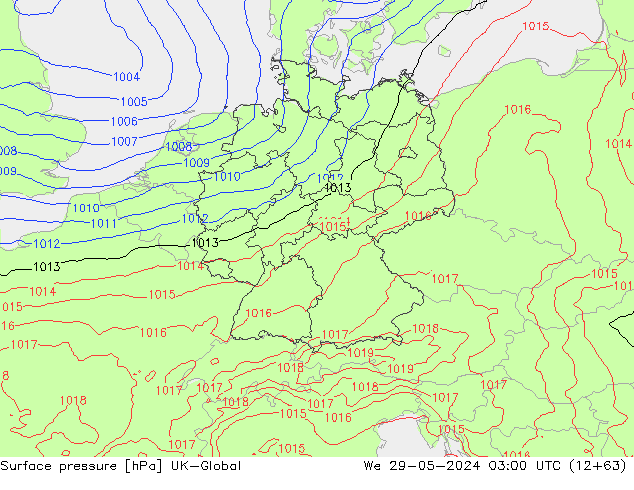 Pressione al suolo UK-Global mer 29.05.2024 03 UTC