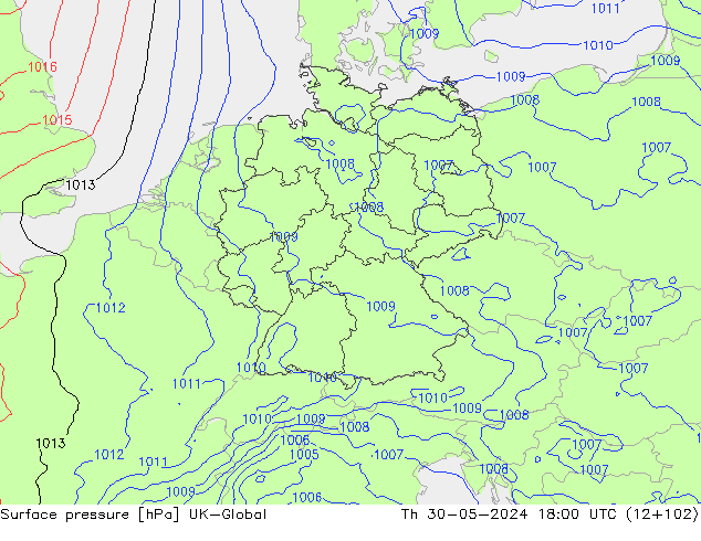 Atmosférický tlak UK-Global Čt 30.05.2024 18 UTC