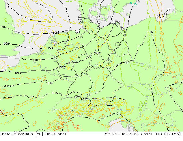 Theta-e 850hPa UK-Global Mi 29.05.2024 06 UTC