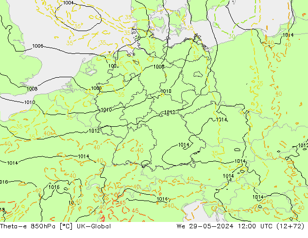 Theta-e 850hPa UK-Global Çar 29.05.2024 12 UTC