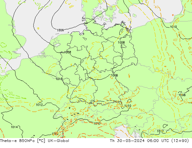 Theta-e 850hPa UK-Global Do 30.05.2024 06 UTC