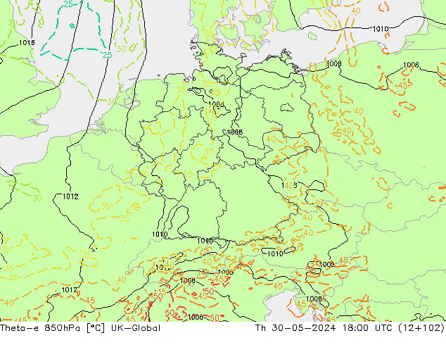 Theta-e 850hPa UK-Global Th 30.05.2024 18 UTC