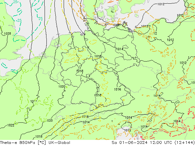 Theta-e 850hPa UK-Global Sáb 01.06.2024 12 UTC