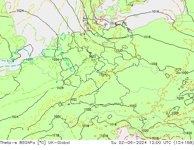 Theta-e 850hPa UK-Global 星期日 02.06.2024 12 UTC