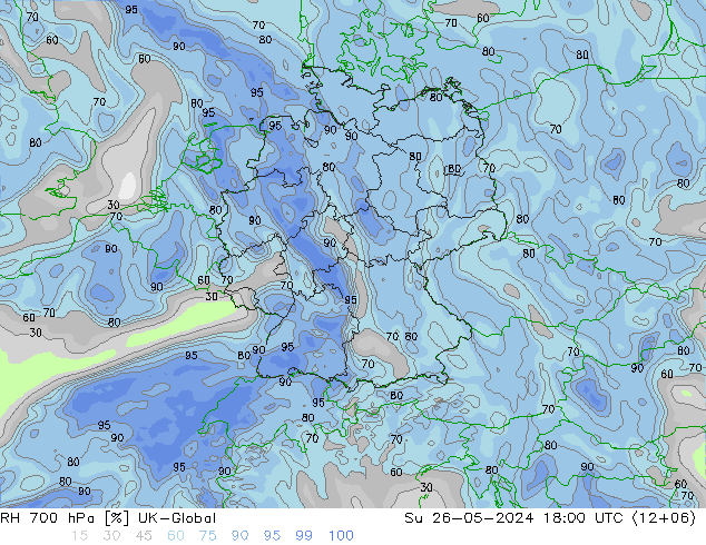 Humedad rel. 700hPa UK-Global dom 26.05.2024 18 UTC