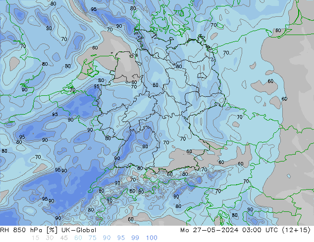 RH 850 hPa UK-Global Mo 27.05.2024 03 UTC