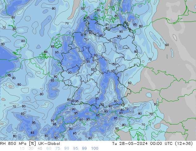 Humedad rel. 850hPa UK-Global mar 28.05.2024 00 UTC