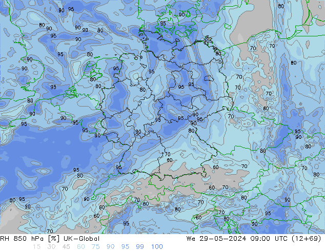 RH 850 гПа UK-Global ср 29.05.2024 09 UTC