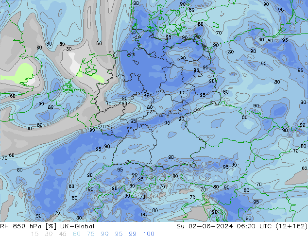 Humedad rel. 850hPa UK-Global dom 02.06.2024 06 UTC