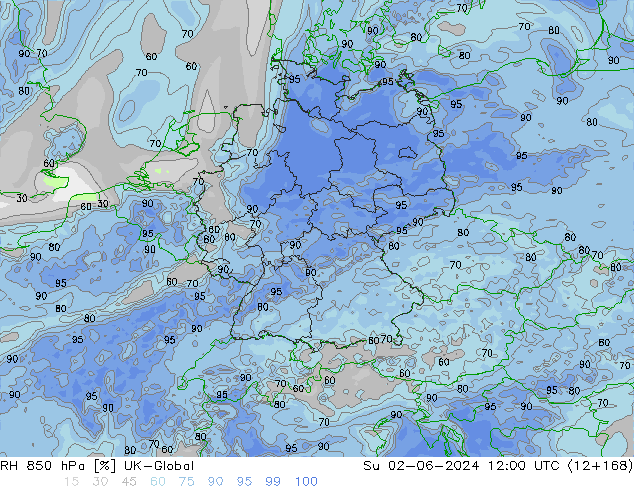 Humidité rel. 850 hPa UK-Global dim 02.06.2024 12 UTC