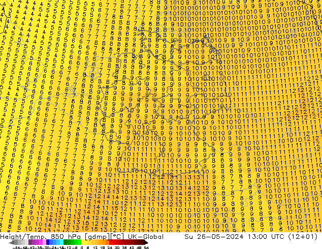 Height/Temp. 850 hPa UK-Global Su 26.05.2024 13 UTC