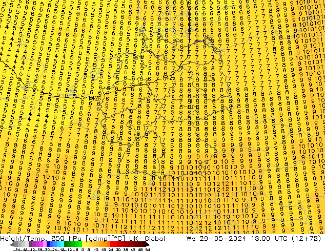 Yükseklik/Sıc. 850 hPa UK-Global Çar 29.05.2024 18 UTC