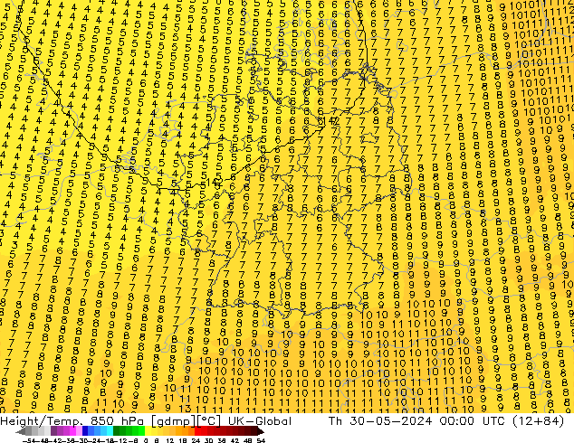 Height/Temp. 850 hPa UK-Global Th 30.05.2024 00 UTC