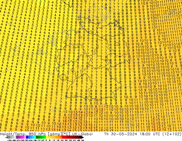 Height/Temp. 850 гПа UK-Global чт 30.05.2024 18 UTC