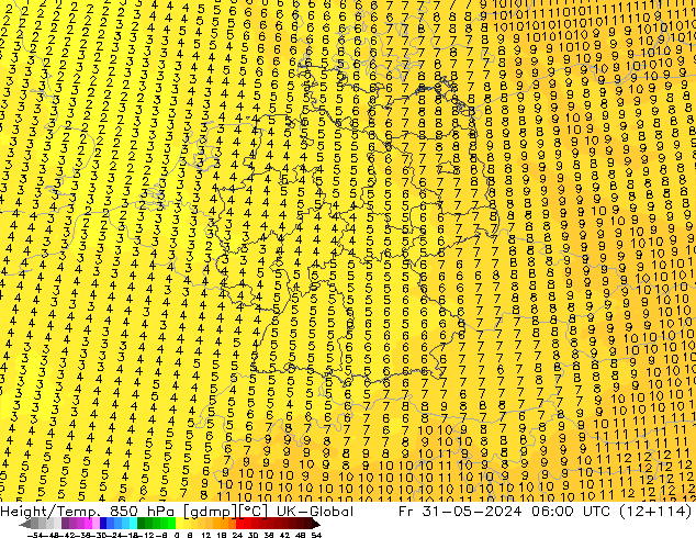 Hoogte/Temp. 850 hPa UK-Global vr 31.05.2024 06 UTC