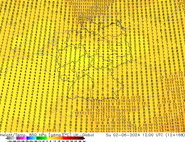 Height/Temp. 850 гПа UK-Global Вс 02.06.2024 12 UTC