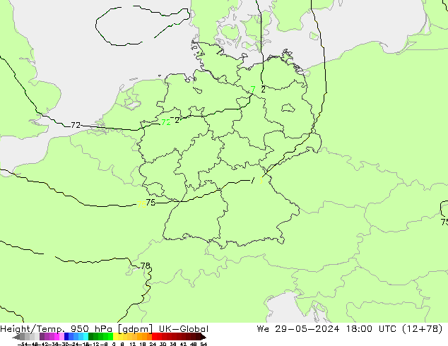 Height/Temp. 950 hPa UK-Global We 29.05.2024 18 UTC