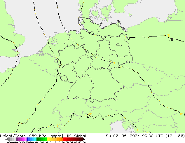 Height/Temp. 950 hPa UK-Global Su 02.06.2024 00 UTC
