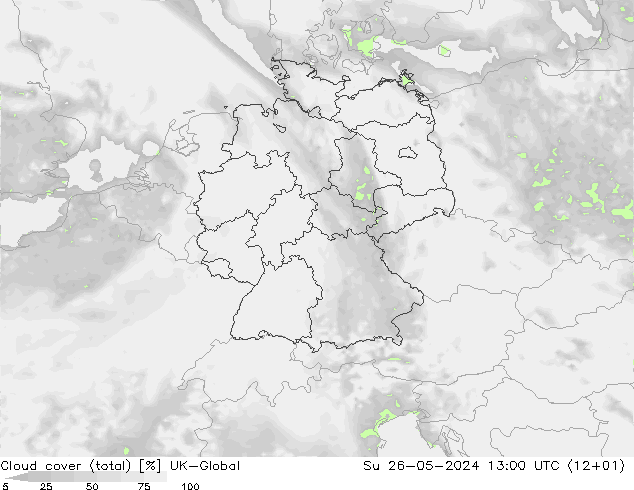 Cloud cover (total) UK-Global Su 26.05.2024 13 UTC