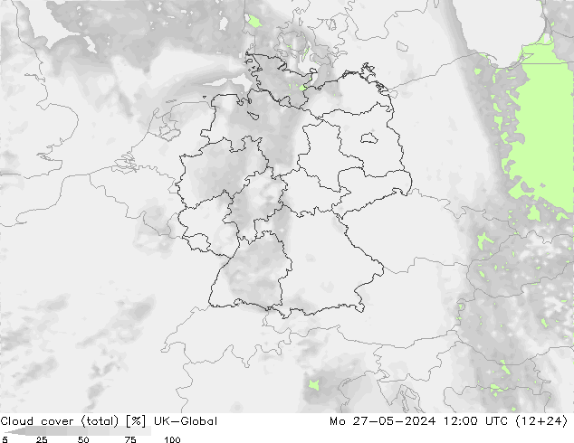 Cloud cover (total) UK-Global Mo 27.05.2024 12 UTC