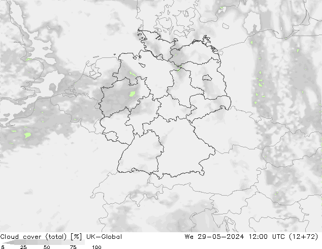 Cloud cover (total) UK-Global We 29.05.2024 12 UTC