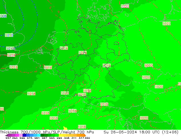 Schichtdicke 700-1000 hPa UK-Global So 26.05.2024 18 UTC