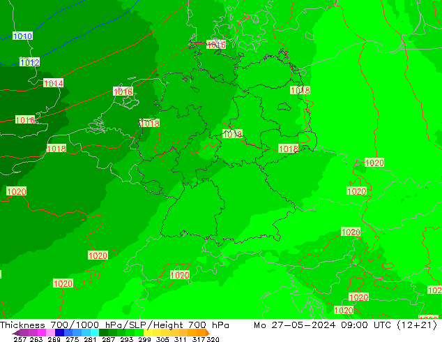 Schichtdicke 700-1000 hPa UK-Global Mo 27.05.2024 09 UTC