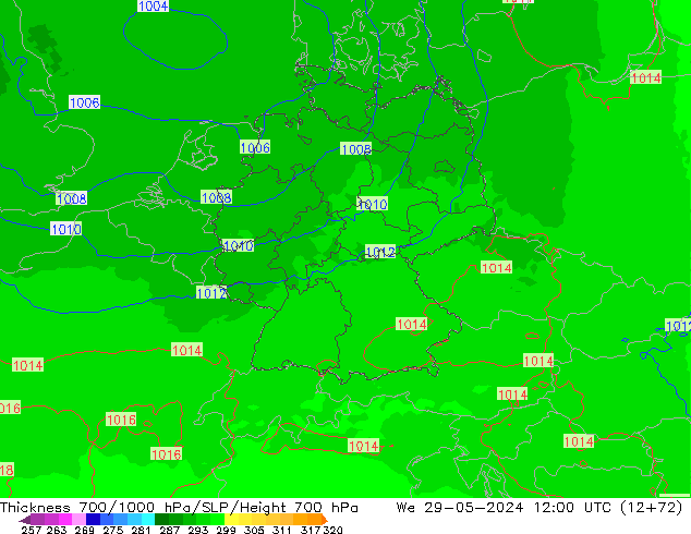 Dikte700-1000 hPa UK-Global wo 29.05.2024 12 UTC