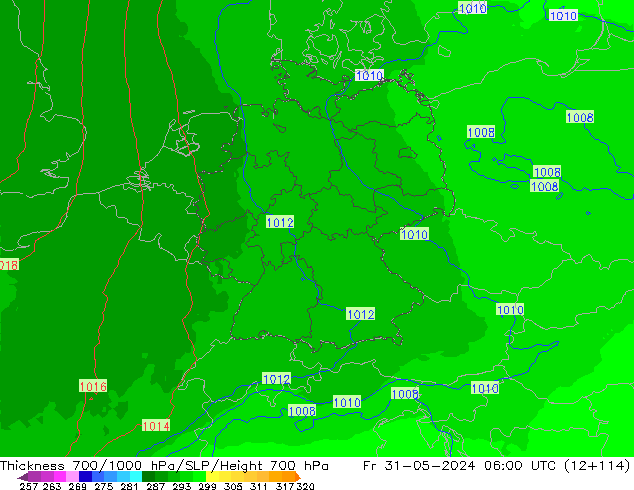 Thck 700-1000 гПа UK-Global пт 31.05.2024 06 UTC