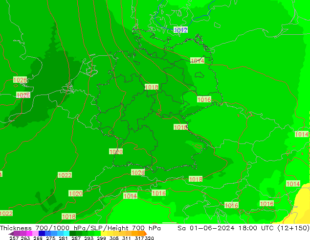 Thck 700-1000 hPa UK-Global sab 01.06.2024 18 UTC