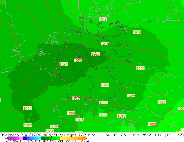 Thck 700-1000 hPa UK-Global  02.06.2024 06 UTC