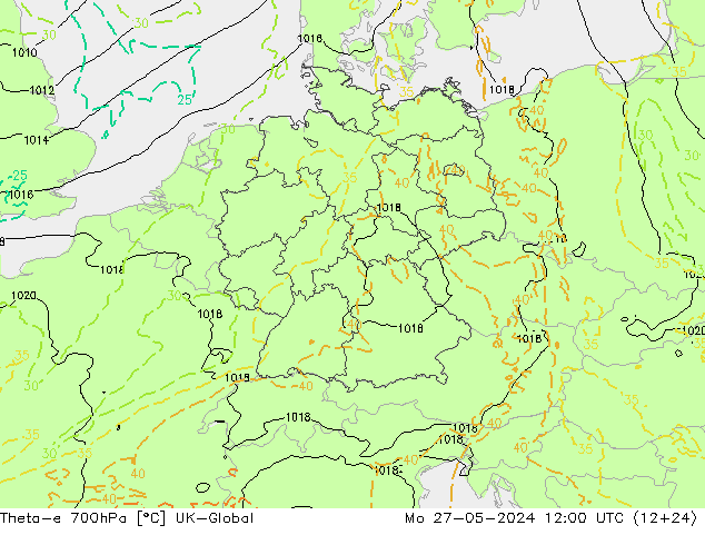 Theta-e 700hPa UK-Global Mo 27.05.2024 12 UTC