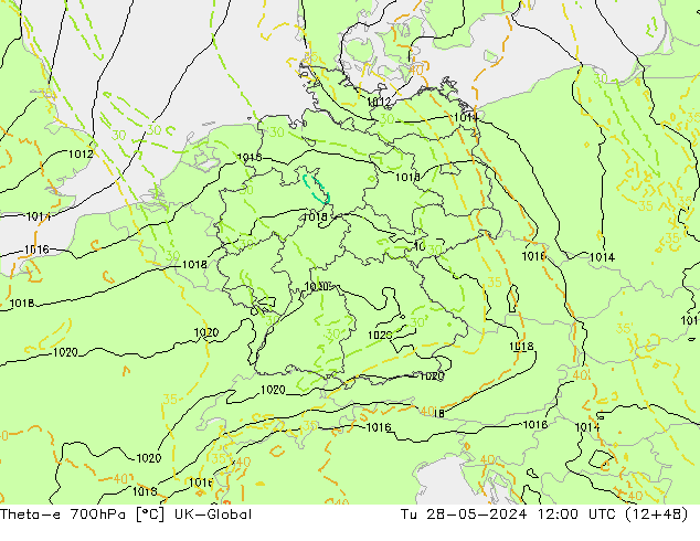 Theta-e 700hPa UK-Global  28.05.2024 12 UTC