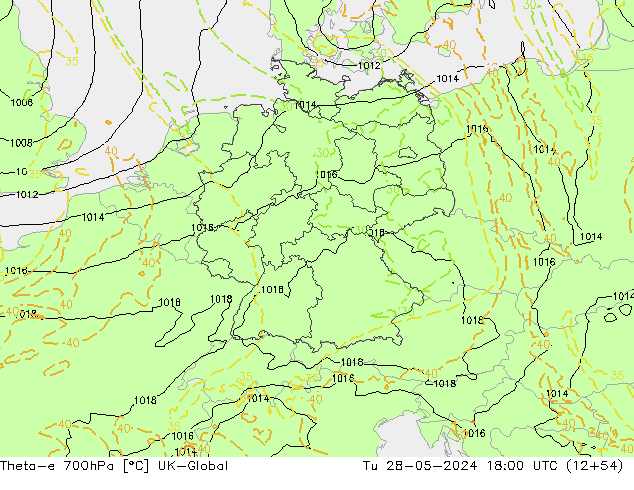 Theta-e 700гПа UK-Global вт 28.05.2024 18 UTC