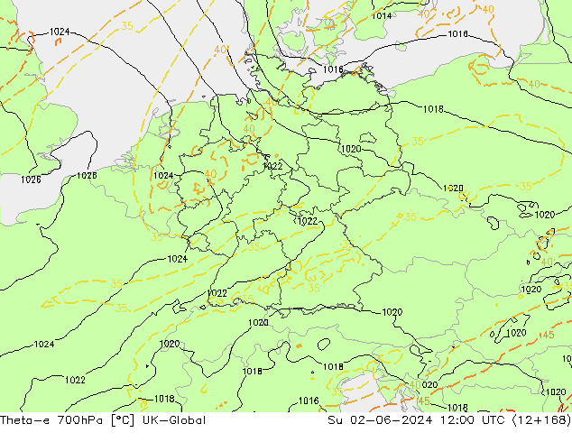 Theta-e 700hPa UK-Global Ne 02.06.2024 12 UTC