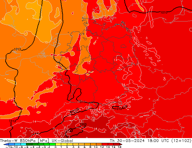 Theta-W 850гПа UK-Global чт 30.05.2024 18 UTC