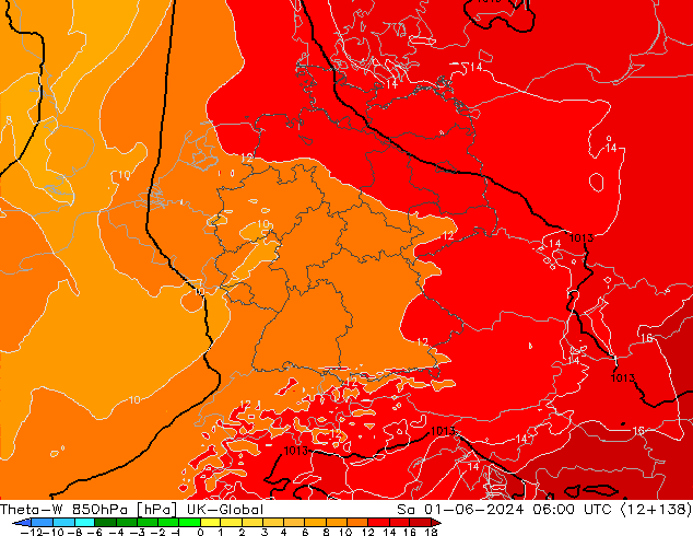 Theta-W 850гПа UK-Global сб 01.06.2024 06 UTC