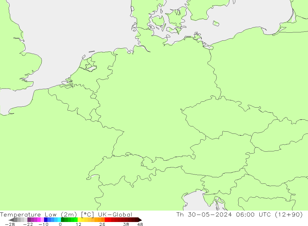 Temperatura mín. (2m) UK-Global jue 30.05.2024 06 UTC