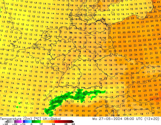 Sıcaklık Haritası (2m) UK-Global Pzt 27.05.2024 08 UTC