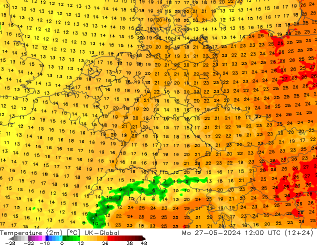 Temperatuurkaart (2m) UK-Global ma 27.05.2024 12 UTC