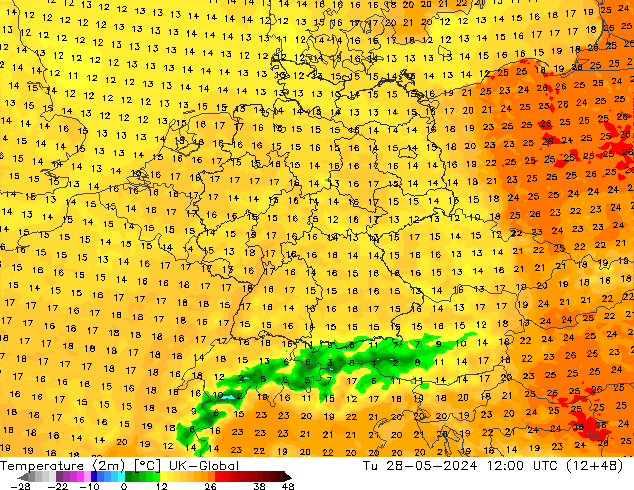 Temperature (2m) UK-Global Tu 28.05.2024 12 UTC