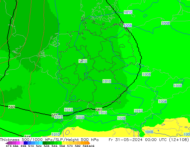 Dikte 500-1000hPa UK-Global vr 31.05.2024 00 UTC