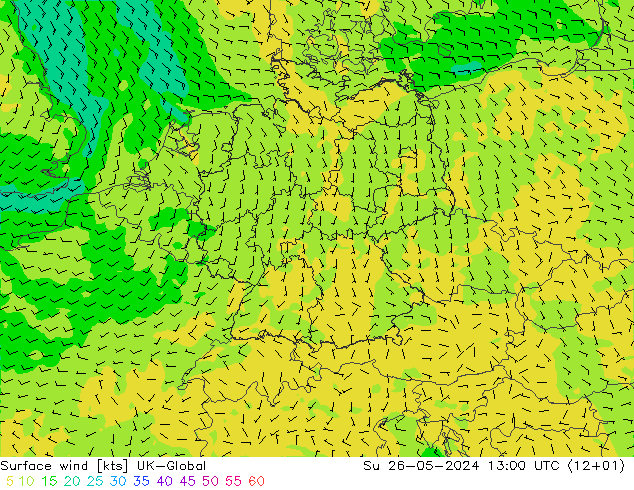 Surface wind UK-Global Su 26.05.2024 13 UTC